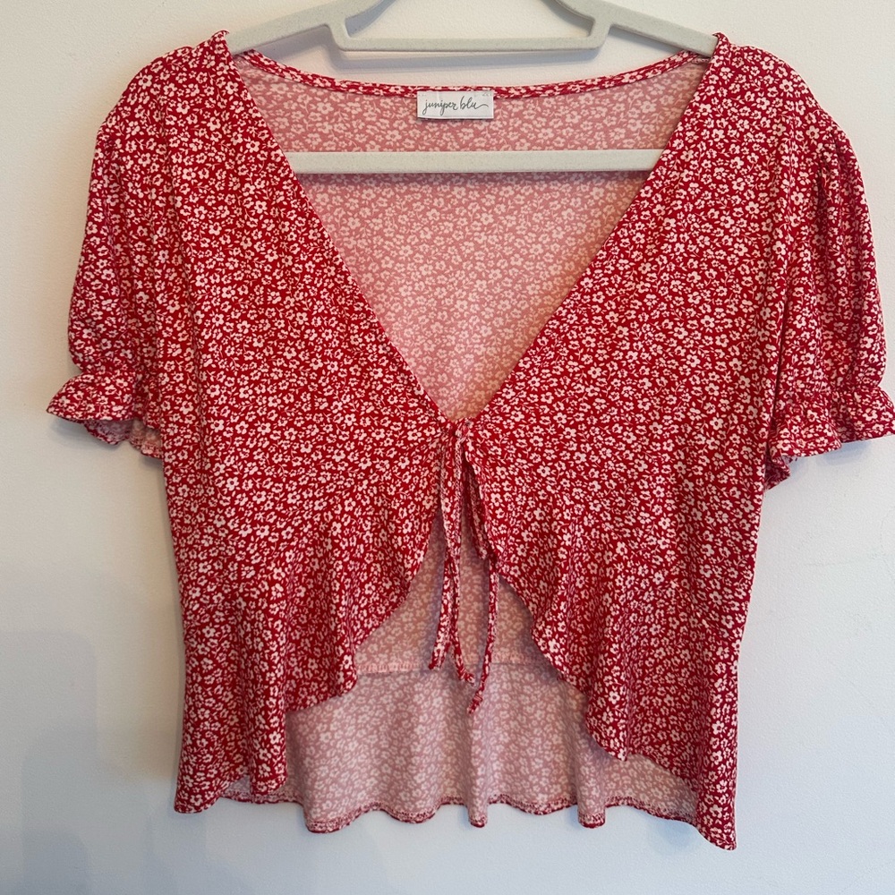 South Moon Under Red Floral Tie-Front Blouse